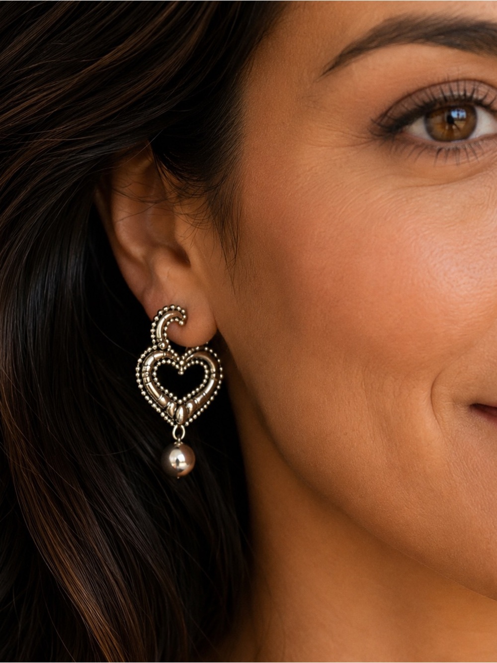 Brighton Silver Heart Drop Earrings with Pearl Accent